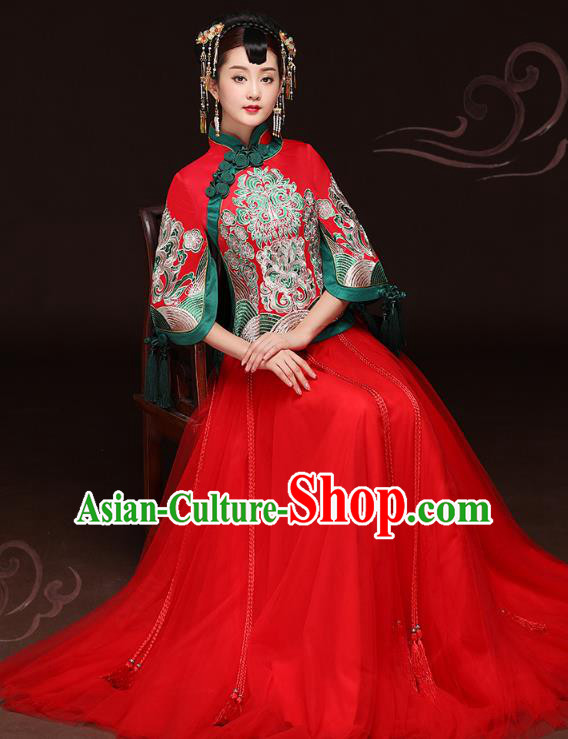 Traditional Ancient Chinese Wedding Costume Handmade Delicacy Embroidery  Phoenix Slim Flown XiuHe Suits, Chinese Style Hanfu Wedding Dress Bride  Toast Cheongsam for Women