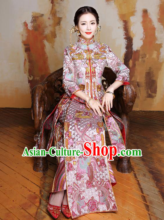 Traditional Ancient Chinese Wedding Costume Handmade Delicacy Embroidery Longfeng Flown Dress Xiuhe Suits, Chinese Style Wedding Flown Bride Toast Cheongsam for Women