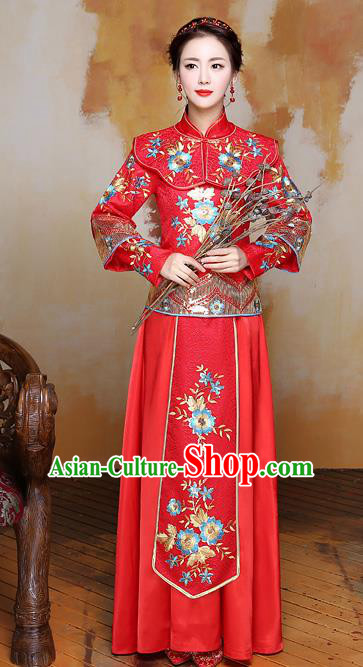 Traditional Ancient Chinese Wedding Costume Handmade Delicacy Embroidery Phoenix XiuHe Suits Slim Longfeng Dress, Chinese Style Hanfu Wedding Bride Toast Cheongsam for Women