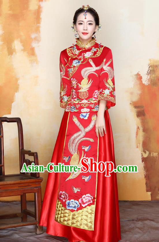 Traditional Ancient Chinese Wedding Costume Handmade Delicacy Embroidery Phoenix Peony XiuHe Suits, Chinese Style Hanfu Wedding Bride Toast Cheongsam for Women