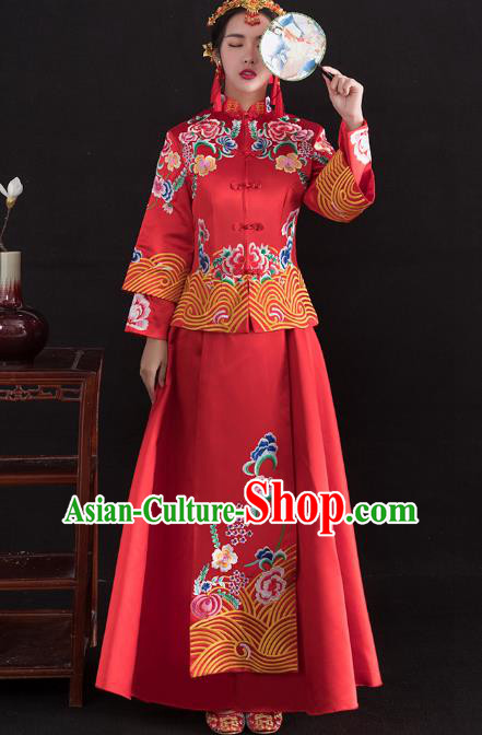 Traditional Ancient Chinese Wedding Costume Handmade Delicacy Full Embroidery Peony Red XiuHe Suits, Chinese Style Hanfu Wedding Bride Toast Cheongsam for Women