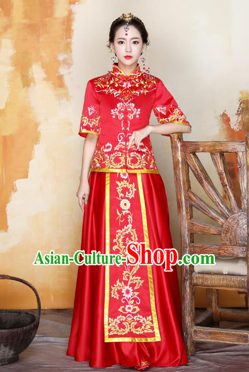 Traditional Ancient Chinese Wedding Costume Handmade Delicacy Embroidery Peony Bride XiuHe Suits, Chinese Style Hanfu Wedding Toast Cheongsam for Women
