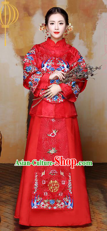 Traditional Ancient Chinese Wedding Costume Handmade Delicacy Embroidery Birds Bride XiuHe Suits Red Full Dress, Chinese Style Hanfu Wedding Toast Cheongsam for Women