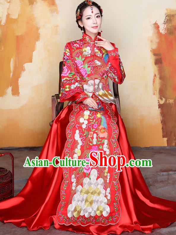 Traditional Ancient Chinese Wedding Costume Handmade Delicacy Embroidery Phoenix Peony Red Trailing XiuHe Suits, Chinese Style Hanfu Wedding Bride Toast Cheongsam for Women