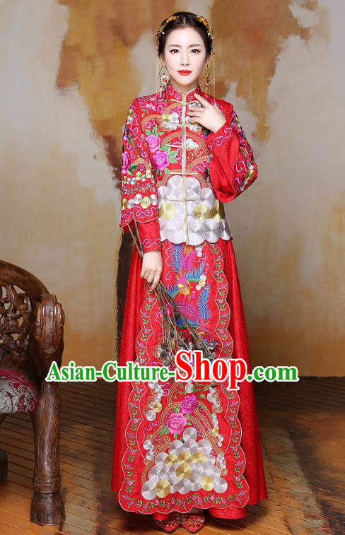 Traditional Ancient Chinese Wedding Costume Handmade Delicacy Colorful Embroidery Phoenix Peony Red XiuHe Suits, Chinese Style Hanfu Wedding Bride Toast Cheongsam for Women