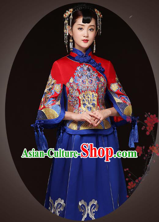 Traditional Ancient Chinese Wedding Costume Handmade Delicacy Embroidery XiuHe Suits Blue Bottom Drawer, Chinese Style Hanfu Wedding Bride Toast Cheongsam for Women