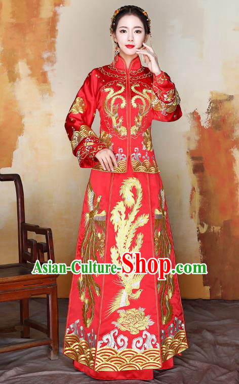 Traditional Ancient Chinese Wedding Costume Handmade Delicacy XiuHe Suits Embroidery Phoenix Cheongsam Palace Bottom Drawer, Chinese Style Hanfu Wedding Bride Hanfu Clothing for Women