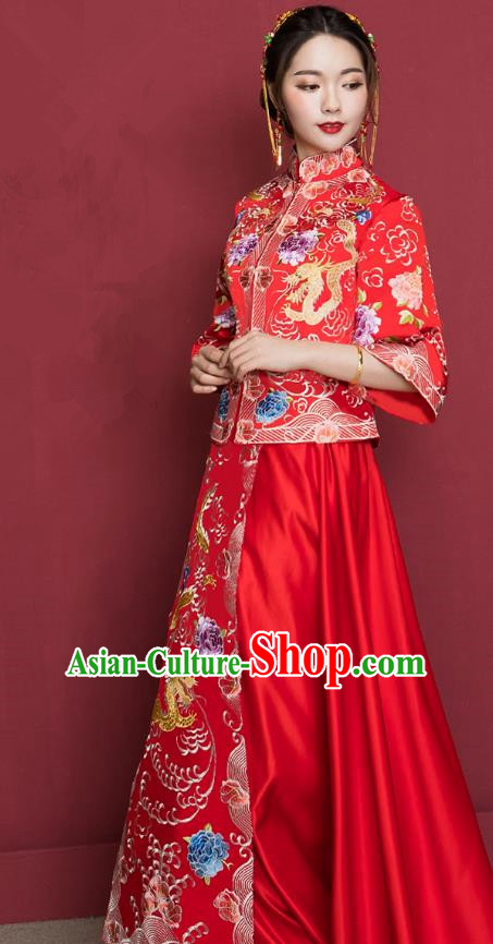 Traditional Ancient Chinese Wedding Costume Handmade Delicacy XiuHe Suits Embroidery Dragon Cheongsam Palace Bottom Drawer, Chinese Style Hanfu Wedding Bride Hanfu Clothing for Women