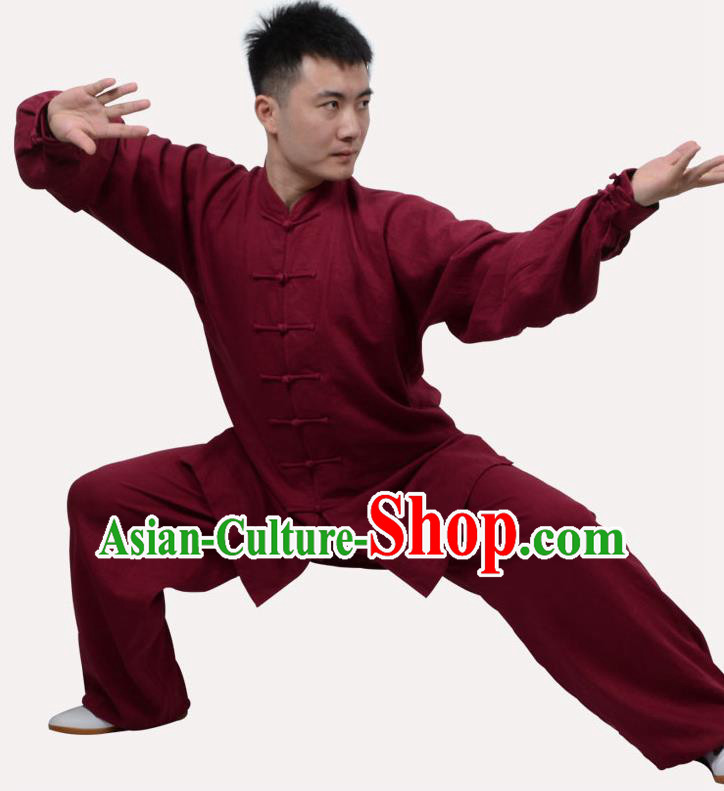 Top Grade Linen Martial Arts Costume Kung Fu Training Clothing, Tai Ji Dark Red Uniform Gongfu Wushu Costume for Women for Men