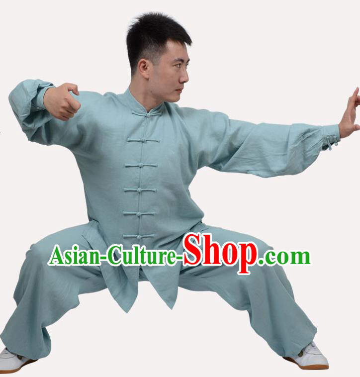 Top Grade Linen Martial Arts Costume Kung Fu Training Clothing, Tai Ji Light Blue Uniform Gongfu Wushu Costume for Women for Men
