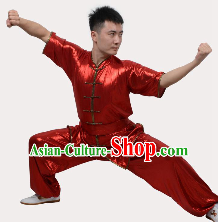 Top Grade Linen Martial Arts Costume Kung Fu Training Plated Buttons Clothing, Tai Ji Southern Fist Red Uniform Gongfu Wushu Costume for Women for Men