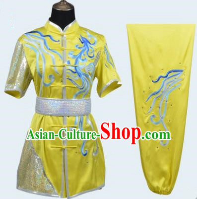 Top Grade Martial Arts Costume Kung Fu Training Embroidery Yellow Clothing, Long Fist Tai Ji Uniform Gongfu Wushu Costume for Women for Men