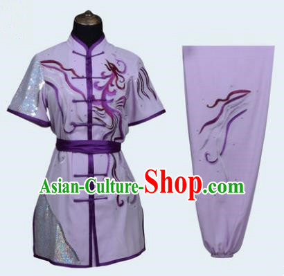 Top Grade Linen Martial Arts Costume Kung Fu Training Long Fist Clothing, Tai Ji Lilac Embroidery Uniform Gongfu Wushu Costume for Women for Men