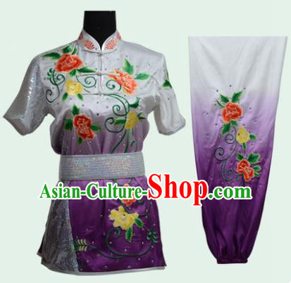 Top Grade Martial Arts Costume Kung Fu Training Long Fist Clothing, Tai Ji Embroidery Peony Purple Uniform Gongfu Wushu Costume for Women