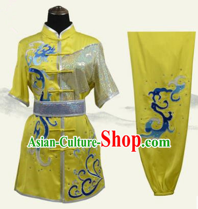 Top Grade Martial Arts Costume Kung Fu Training Clothing, Tai Ji Embroidery Long Fist Yellow Uniform Gongfu Wushu Costume for Women for Men