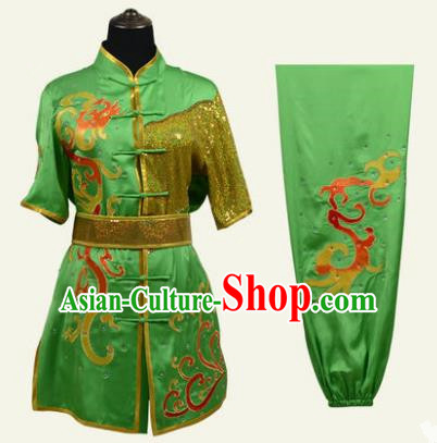 Top Grade Martial Arts Costume Kung Fu Training Clothing, Tai Ji Embroidery Long Fist Green Uniform Gongfu Wushu Costume for Women for Men