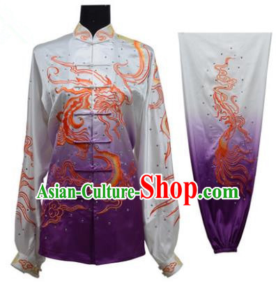 Top Grade Martial Arts Costume Kung Fu Training Gradient Purple Clothing, Tai Ji Embroidery Dragon Long Fist Uniform Gongfu Wushu Costume for Women for Men
