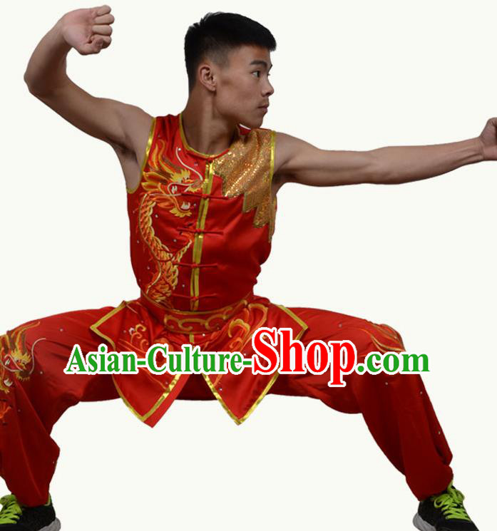 Top Grade Martial Arts Costume Kung Fu Training Short Sleeve Red Clothing, Tai Ji Embroidery Long Fist Uniform Gongfu Wushu Costume for Women for Men