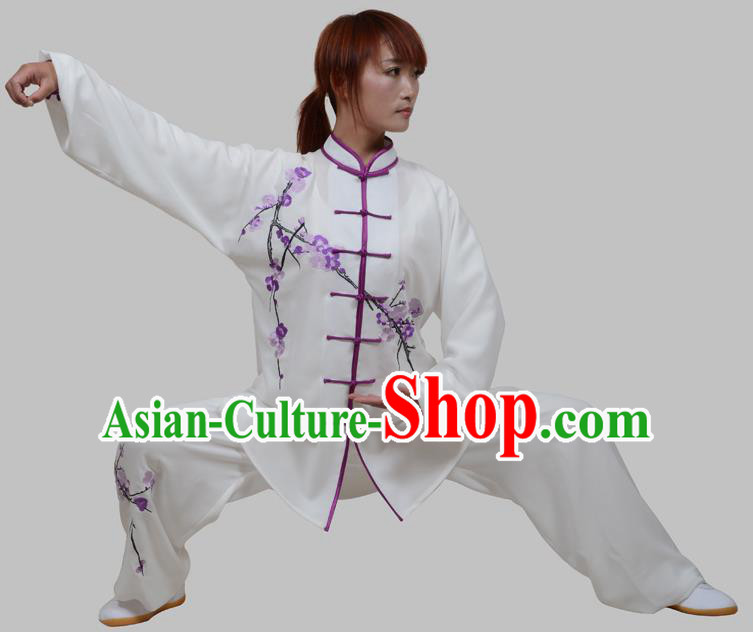 Top Grade China Martial Arts Costume Kung Fu Training Embroidery Plum Blossom Clothing, Chinese Embroidery Tai Ji White Uniform Gongfu Wushu Costume for Women