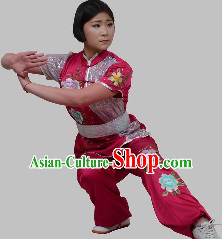 Top Grade China Martial Arts Costume Kung Fu Training Embroidery Peony Clothing, Chinese Embroidery Tai Ji Rosy Uniform Gongfu Wushu Costume for Women