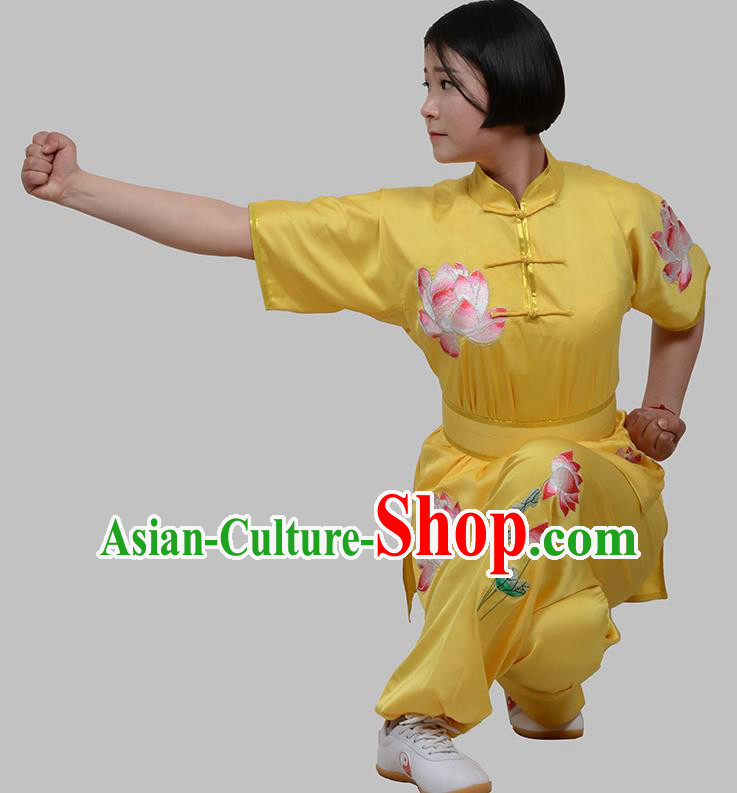 Top Grade China Martial Arts Costume Kung Fu Training Embroidery Lotus Clothing, Chinese Embroidery Tai Ji Yellow Uniform Gongfu Wushu Costume for Women