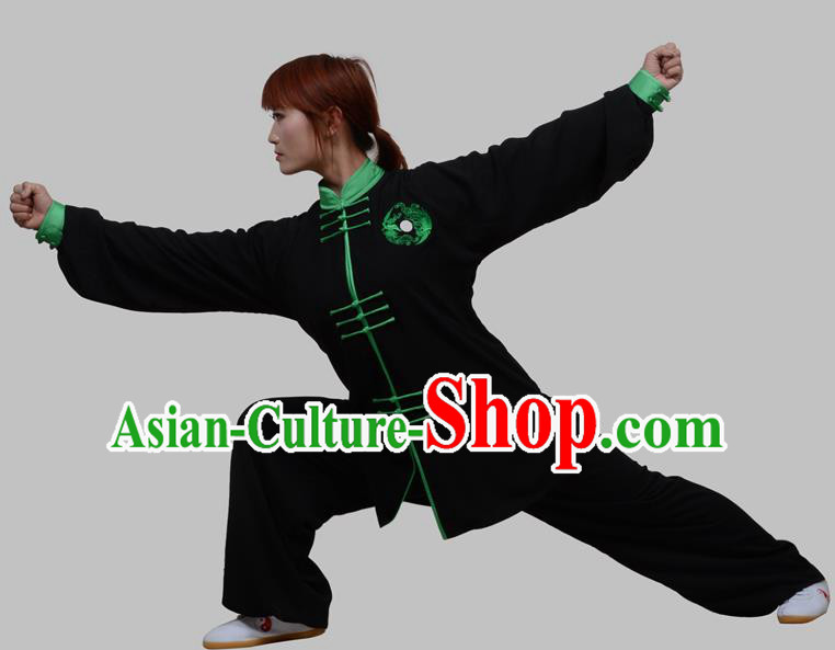 Top Grade China Martial Arts Costume Kung Fu Training Clothing, Chinese Embroidery Tai Ji Black Uniform Gongfu Wushu Costume for Women for Men