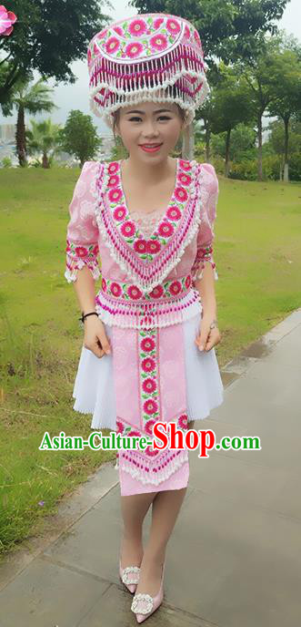 Traditional Chinese Miao Nationality Dance Costume and Hat, Hmong Female Folk Dance Ethnic Short Pleated Skirt, Chinese Minority Nationality Embroidery Clothing for Women