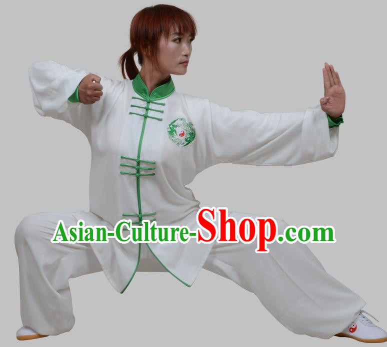 Top Grade China Martial Arts Costume Kung Fu Training Green Plated Buttons Clothing, Chinese Embroidery Tai Ji White Uniform Gongfu Wushu Costume for Women for Men