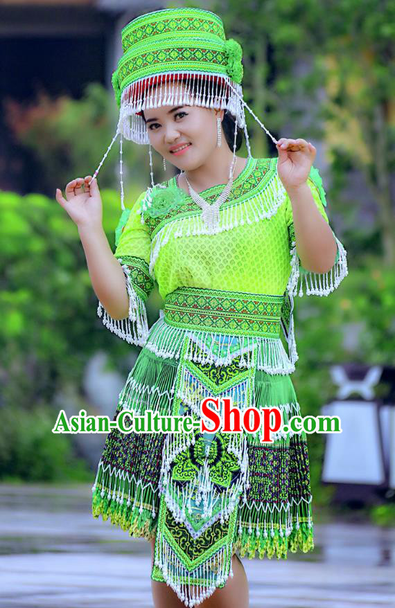 Traditional Chinese Miao Nationality Wedding Costume and Hat, Hmong Young Lady Folk Dance Ethnic Green Pleated Skirt, Chinese Minority Nationality Embroidery Clothing for Women