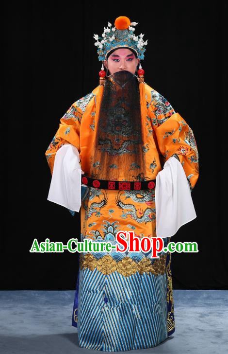 Top Grade Professional Beijing Opera Emperor Costume General Yellow Embroidered Robe and Belts, Traditional Ancient Chinese Peking Opera Royal Highness Embroidery Dragons Clothing