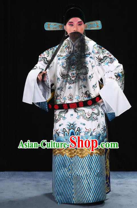 Top Grade Professional Beijing Opera Emperor Costume General White Embroidered Robe and Belts, Traditional Ancient Chinese Peking Opera Royal Highness Embroidery Dragons Clothing