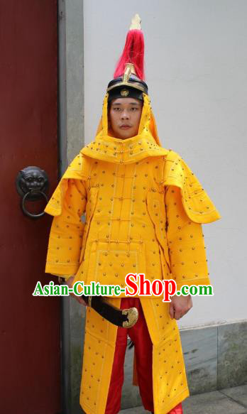 Traditional China Beijing Opera Qing Dynasty General Costume Helmet and Armour, Ancient Chinese Peking Opera Manchu Imperial Bodyguard Warrior Yellow Clothing
