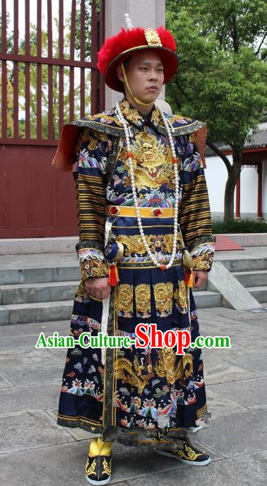 Traditional China Beijing Opera Qing Dynasty Emperor Costume Black Embroidered Robe, Ancient Chinese Peking Opera Manchu Embroidery Dragon Clothing