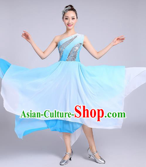 Traditional Chinese Modern Dance Yangge Fan Dance Costume, Chinese Classical Umbrella Dance Blue Dress Yangko Embroidery Clothing for Women
