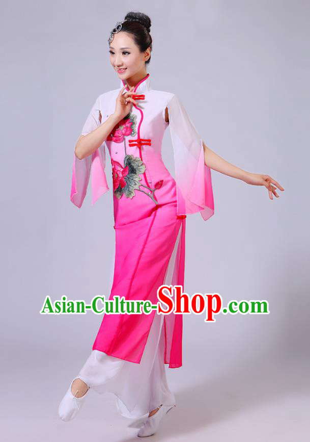 Traditional Chinese Folk Dance Costume Yangge Dance Printing Lotus Pink Uniform, Chinese Classical Fan Dance Umbrella Dance Yangko Clothing for Women