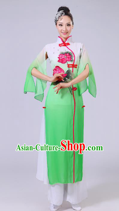 Traditional Chinese Classical Dance Yangge Fan Dance Costume, Chinese Classical Umbrella Dance Green Uniform Yangko Clothing for Women