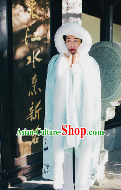 Traditional Chinese Hanfu Han Dynasty Costume Princess Cloak, Elegant Hanfu Clothing Chinese Ancient Palace Lady Embroidery Crane Green Mantle