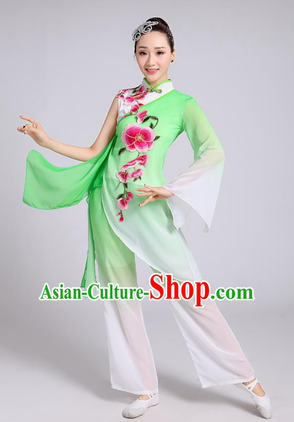 Traditional Chinese Classical Dance Yangge Fan Dance Costume, Chinese Classical Umbrella Dance Green Uniform Yangko Embroidery Clothing for Women