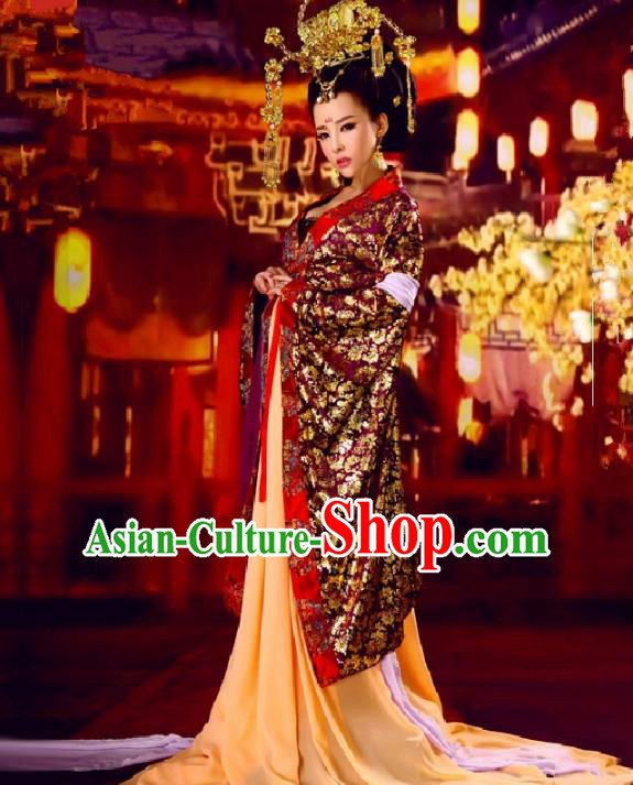 Traditional Ancient Chinese Imperial Consort Costume and Headpiece Complete Set, Elegant Hanfu Clothing Chinese Tang Dynasty Imperial Empress Tailing Embroidered Clothing