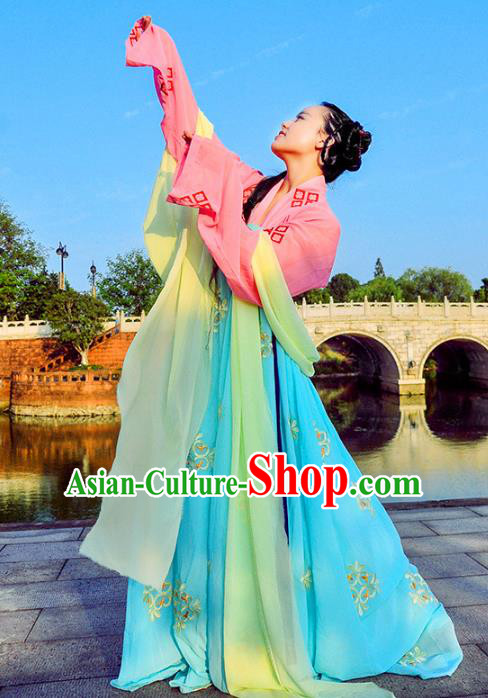 Traditional Chinese Tang Dynasty Palace Lady Costume Blue Slip Skirt, Elegant Hanfu Chinese Imperial Princess Embroidered Clothing for Women