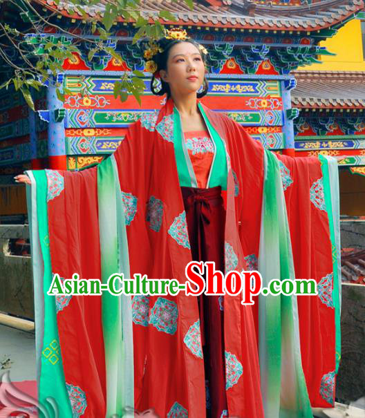 Traditional Chinese Tang Dynasty Imperial Concubine Costume Red Wide Sleeve Cardigan, Elegant Hanfu Chinese Imperial Empress Embroidered Clothing for Women