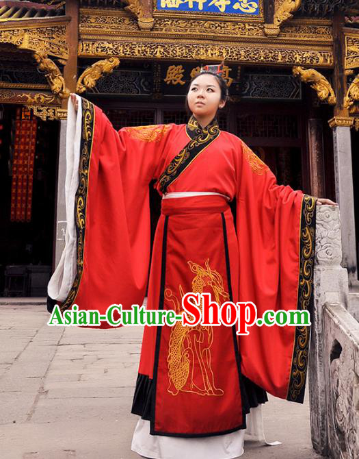 Traditional Chinese Han Dynasty Imperial Emperor Costume Wedding Red Robe, Elegant Hanfu Chinese Majesty Bridegroom Embroidered Clothing for Men