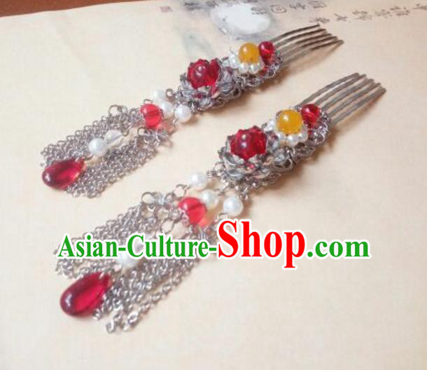 Traditional Chinese Ancient Classical Handmade Palace Princess Red Bead Hair Comb Hair Accessories, Hanfu Hair Stick Hair Fascinators Hairpins for Women
