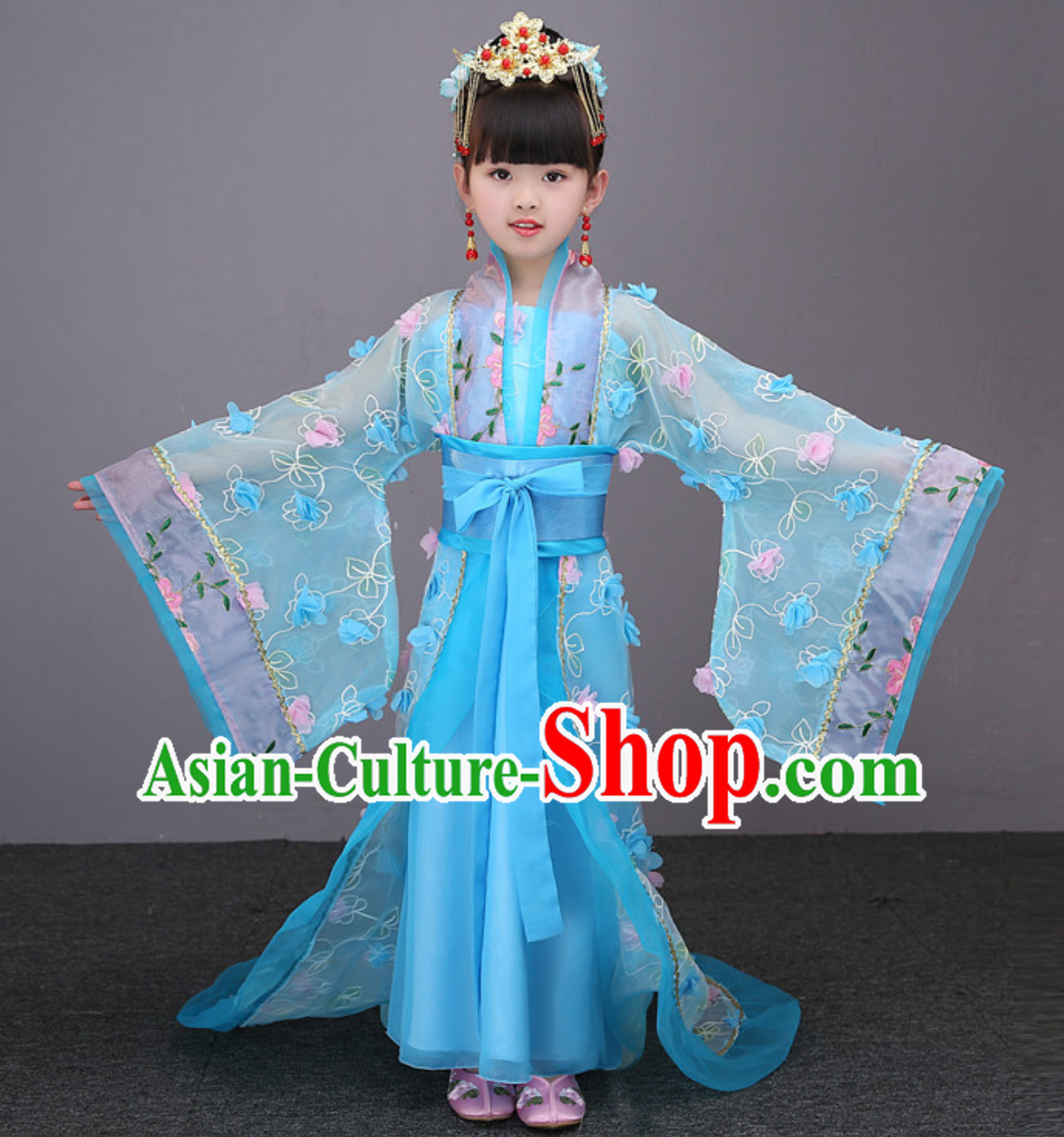 Blue Color Ancient Chinese Imperial Female Emperor Clothing and Hair Accessories Complete Set for Women