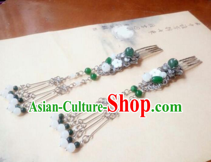 Traditional Handmade Chinese Ancient Classical Hair Accessories Green Bead Tassel Hair Comb Headwear for Women