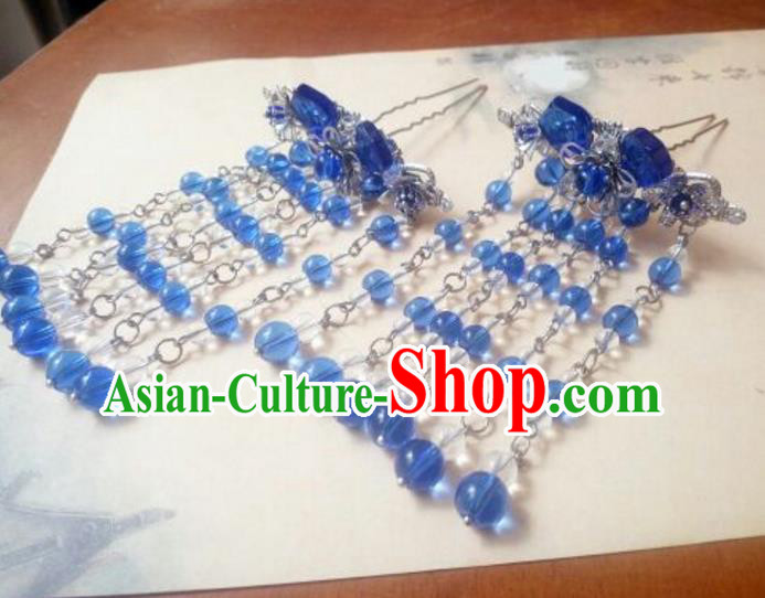 Traditional Handmade Chinese Ancient Classical Hair Accessories Blue Beads Tassel Hairpins Step Shake Headwear for Women