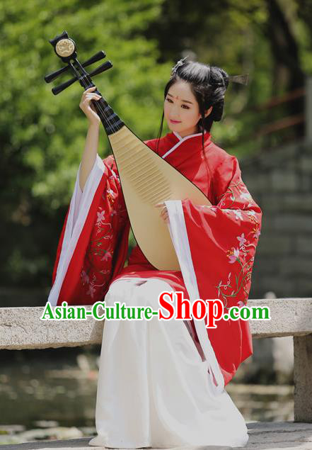 Traditional Chinese Han Dynasty Palace Lady Wedding Costume Red Embroidery Curve Bottom, Elegant Hanfu Clothing Chinese Ancient Princess Clothing for Women