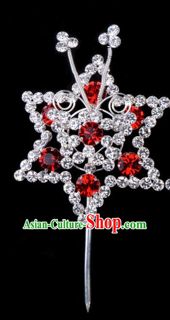 Traditional Beijing Opera Diva Hair Accessories Red Crystal Hexagon Head Ornaments Hairpins, Ancient Chinese Peking Opera Hua Tan Hair Stick Headwear