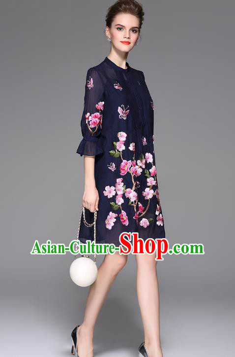 Top Grade Asian Chinese Costumes Classical Embroidery Two-piece Dress, Traditional China National Embroidered Mandarin Sleeve Navy Chirpaur Qipao for Women