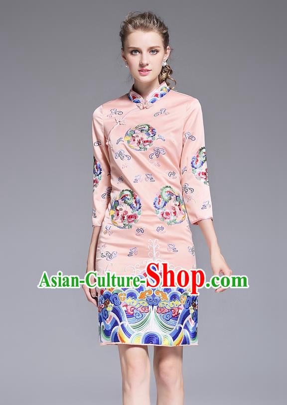 Top Grade Asian Chinese Costumes Classical Embroidery Plated Buttons Pink Cheongsam, Traditional China National Slant Opening Embroidered Chirpaur Clothing for Women